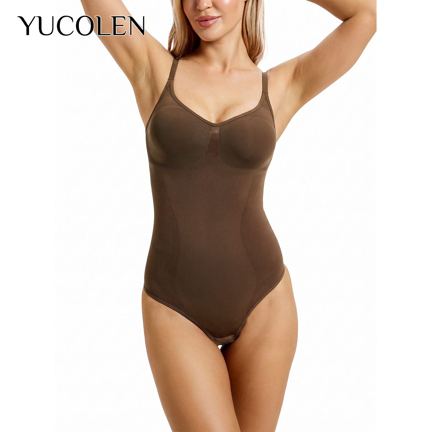 Shapewear Bodysuit Firm - YUCOLEN ชุดบอดี้สูทผู้หญิงแบบคอวีพร้อมสายรัดปรับได้ ชุดกระชับสัดส่วน ควบคุมหน้าท้อง ผ้าริบบ์ยืดหยุ่นสูง