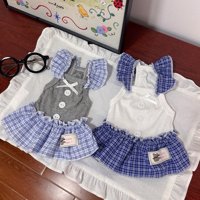 Lace Teddy Lingerie - ชุดเดรสสัตว์เลี้ยง เสื้อกั๊กฤดูร้อน ลายตาราง แต่งลูกไม้ กระโปรง เสื้อกั๊กแมว
